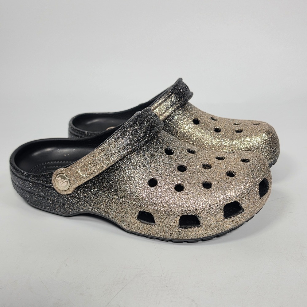 Crocs Glitter Clogs Women's 8 Gold Black Pivoting Heel Strap